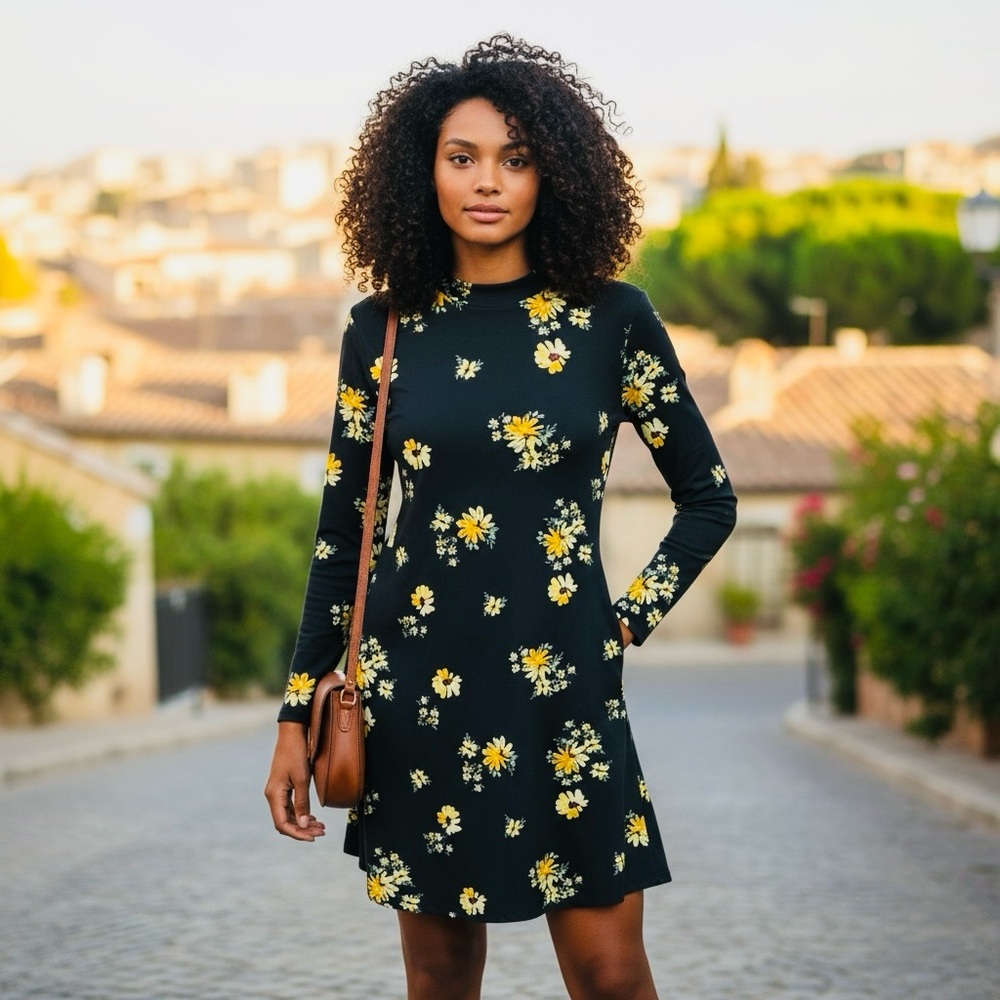 ARIZONA JEAN CO. XXL BLACK WITH YELLOW FLOWERS LONG SLEEVE DRESS NWT